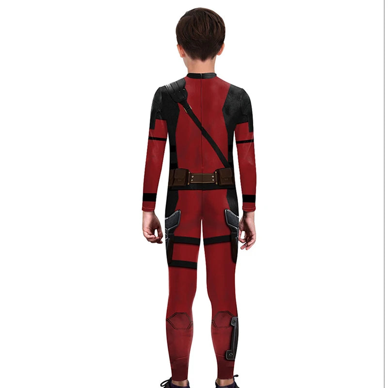 Deadpool kids' costume with iconic red and black design, mask, and accessories