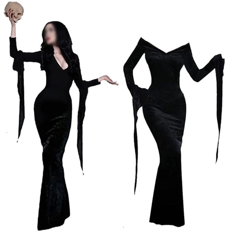 Morticia and Gomez costumes featuring classic spooky style for Halloween.