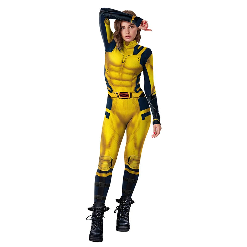 Wolverine Halloween costume with classic yellow and blue jumpsuit and claws