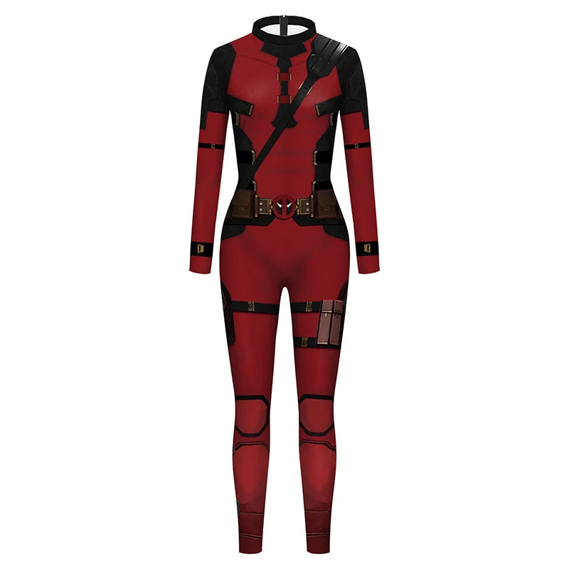 Adult Deadpool cosplay costume featuring iconic mask and katanas