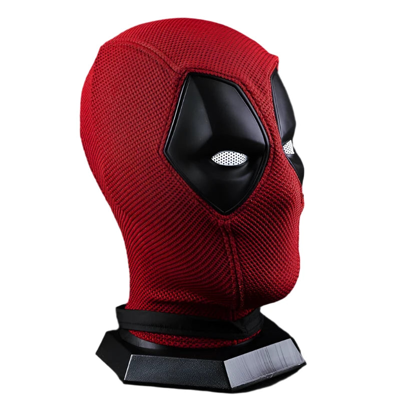 Close-up of a Deadpool mask with detailed stitching and eye openings