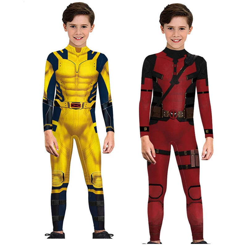 Kids Deadpool Halloween costume with red and black suit, mask, and toy katanas