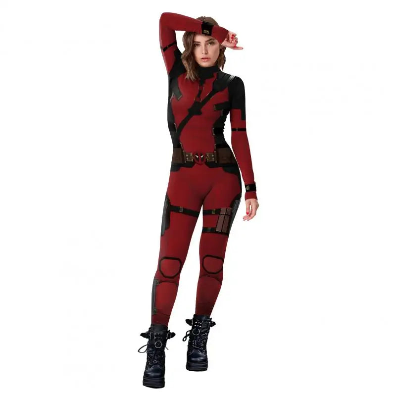 Deadpool superhero costume with muscle padding, matching mask, and accessories