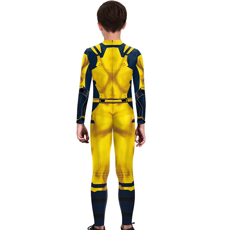 Wolverine kids' Halloween costume with classic X-Men suit and retractable claws