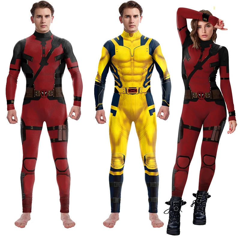 Deadpool Halloween costume with full red and black suit, mask, and belt