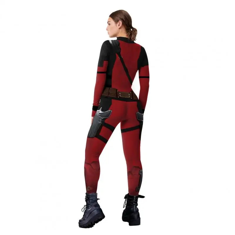 Red and black Deadpool costume for Halloween, complete with detailed armor and belt